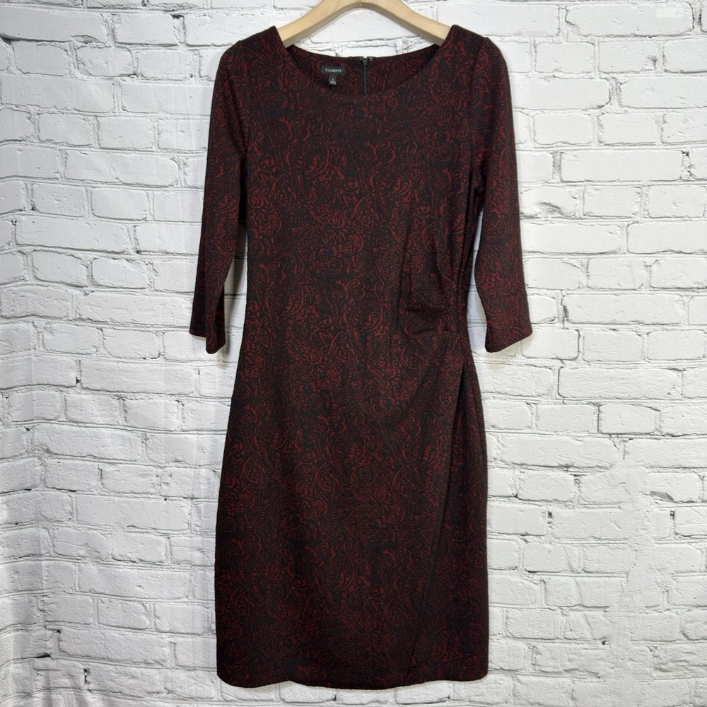 Talbots Paisley Sheath Dress L Black Red Ruched Faux Wrap Ponte Career Cocktail‎